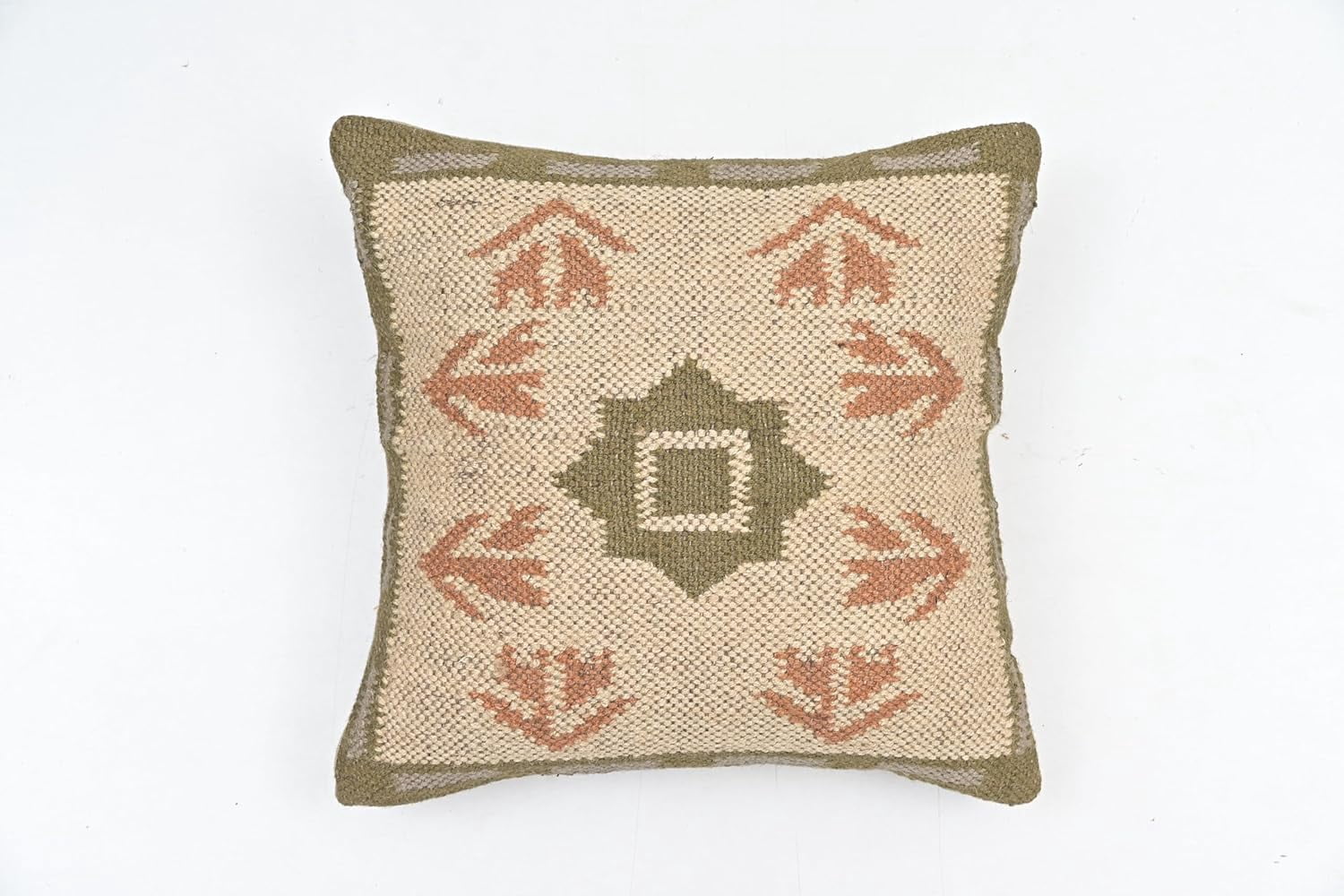 NATURAL FURNISH Handwoven Wool Jute Kilim Cushion Cover | Traditional Southwestern Geometric Decorative Throw Pillow Case | Handmade Kilim Pillow Cover for Sofa, Bed and Living Room (Green, 2 PCS)