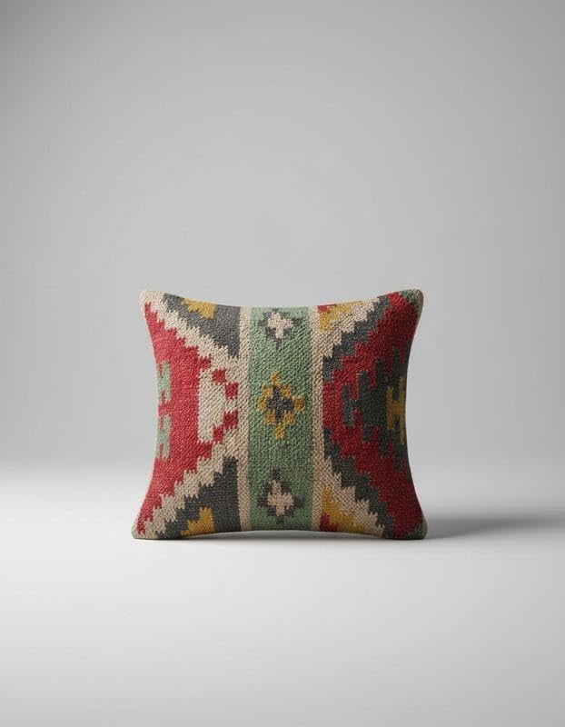 NATURAL FURNISH Handwoven Wool Jute Kilim Cushion Cover | Traditional Southwestern Geometric Decorative Throw Pillow Case | Handmade Kilim Pillow Cover for Sofa, Bed and Living Room (Beige, 2 PCS)