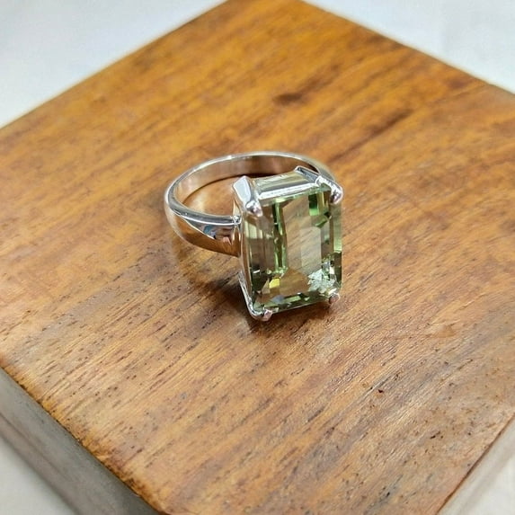 NATURAL Green Amethyst Ring, 925 Sterling Silver Ring, Men & Women Ring, Octagon Cut Green Amethyst Ring, Solitaire Ring, Hand Made Ring