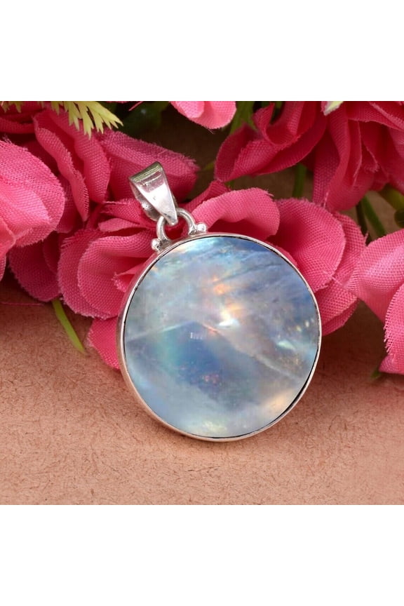NATURAL Rainbow Moonstone 925 Sterling Silver Round Shape Handmade Pendant