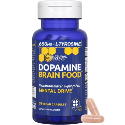 NATURAL STACKS Dopamine Brain Food - 650mg L-Tyrosine Supplement - Dopamine Supplement for Focus & Mental Drive - Supports Mental Energy - Neurotransmitter Support with B Vitamins - 60 Capsules