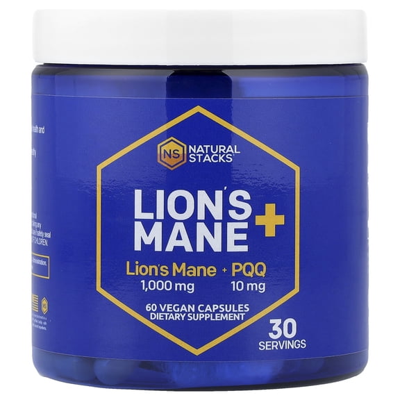 NATURAL STACKS Lions Mane Supplement with PQQ + Brain Cell Optimizer - Organic Lions Mane Extract for Memory, Learning, Mitochondrial Function - 60 Mushroom Capsules