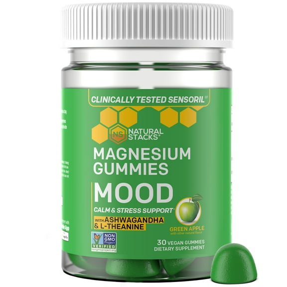 NATURAL STACKS Magnesium Mood Gummies - Magnesium Citrate Gummies with L-Theanine for Stress Support - Sensoril Ashwagandha Gummies for Calmness - 30 Green Apple Gummies