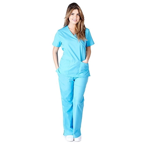 Natural Uniforms Women's Mock Wrap Scrub Set (Water Blue, X-Large)