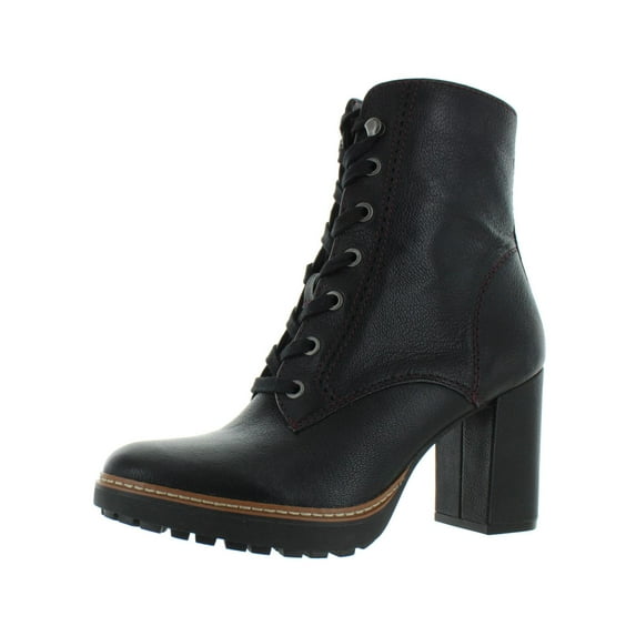 NATURALIZER Womens Black Contrast Red Stitching. 0.5" Platform Padded Contrast Red Stitching. Slip Resistant Lug Sole Callie Almond Toe Block Heel Zip-Up Leather Booties 7.5 M