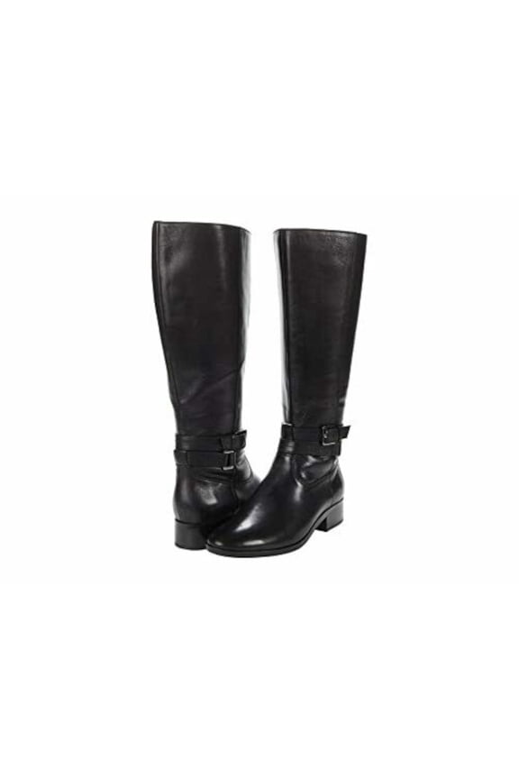 Womens Black Wide Calf Cushioned Reed Round Toe Stacked Heel Zip-Up Leather Riding Boot 7
