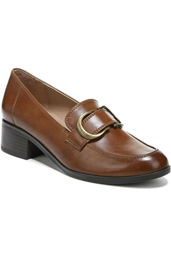 Womens Brown Hardware Padded Slip Resistant Natesa Almond Toe Block Heel Slip On Loafers Shoes 5.5 M