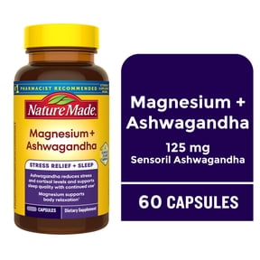 Nature Made Magnesium + Ashwagandha Capsules, Stress Relief + Sleep Support, 60 Count