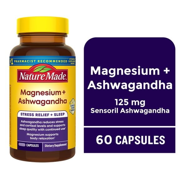 Nature Made Magnesium + Ashwagandha Capsules, Stress Relief + Sleep Support, 60 Count