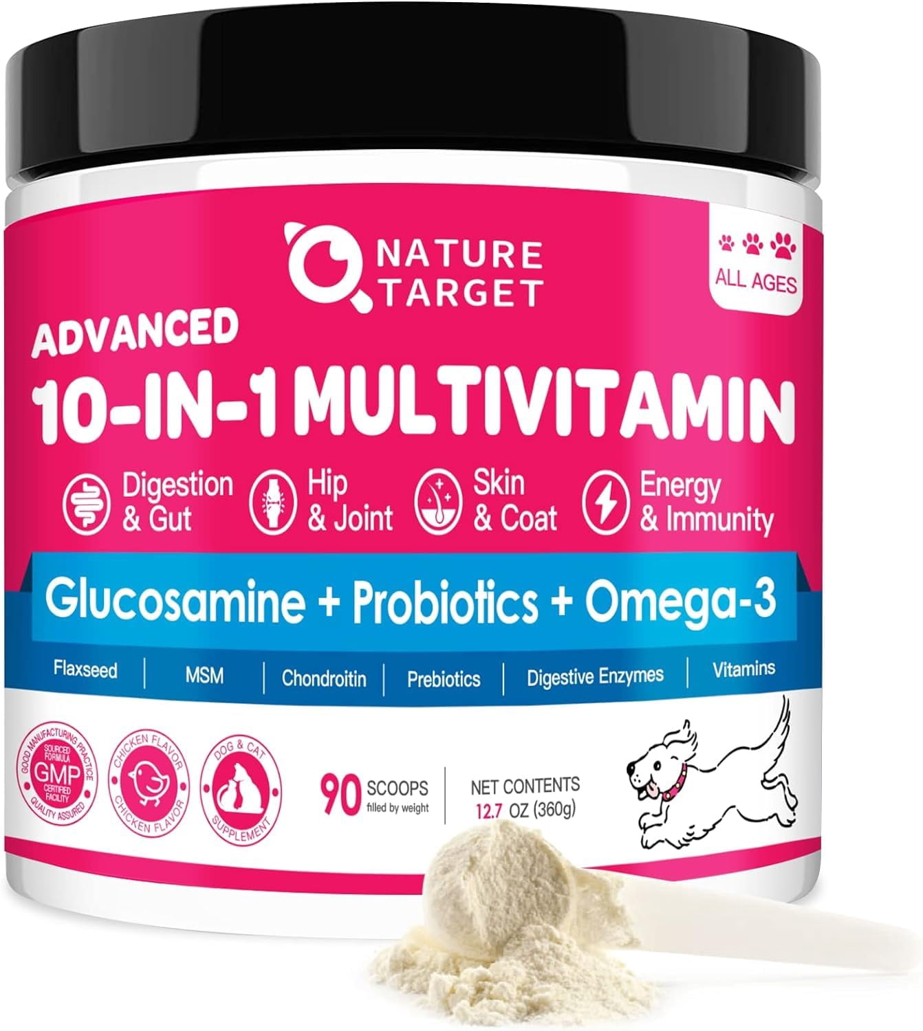 NATURE TARGET Dog Vitamins Powder, Probiotics & Digestive Enzymes for ... - Senior Dog Food With Joint And Omega 3 And Prebiotics