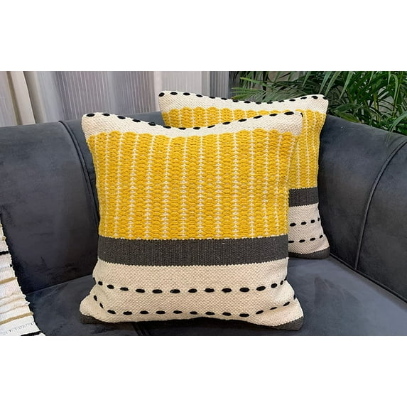 NATURE4U 2 pcs Boho Throw Pillow Covers for Couch Sofa Cotton Hand-Woven Tufted Decorative Pillows Covers Bedroom Living Room Natural Ochre 18" x 18"