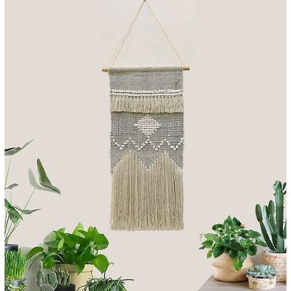 NATURE4U Woven Wall Hanging Home Decor Bohemian Beige Geometric Handmade Art Decor with Fringe and Tassle-Elegant Apartment Bedroom Dorm Room Door Decoration, 17.5" W x 32" L