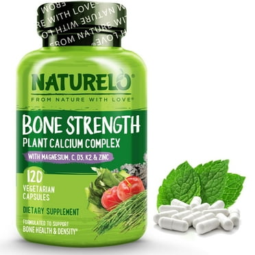 NATURELO Bone Strength - Plant-Based Calcium, Magnesium, Potassium, Vitamin D3, Vit C, K2 - GMO, Soy, Gluten Free Ingredients - Whole Food Supplement for Bone Health - 120 Vegan Friendly Capsules