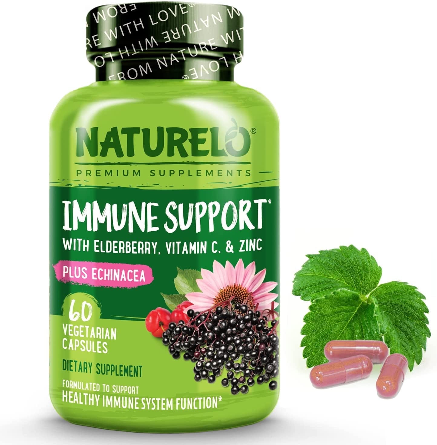 NATURELO Immune Support Vitamin C, Elderberry, Zinc, Echinacea Natural Immunity Boost w/Antioxidant, Herbal & Mineral Defense - 60 Vegan Capsules