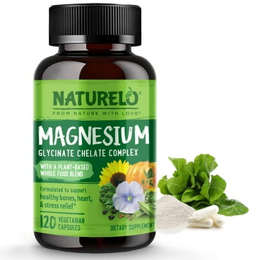 NATURELO Magnesium Glycinate - 200 mg Glycinate Chelate with Organic Vegetables to Support Sleep, Calm, Muscle Cramp & Stress Relief – Gluten Free, Non GMO - 120 Capsules