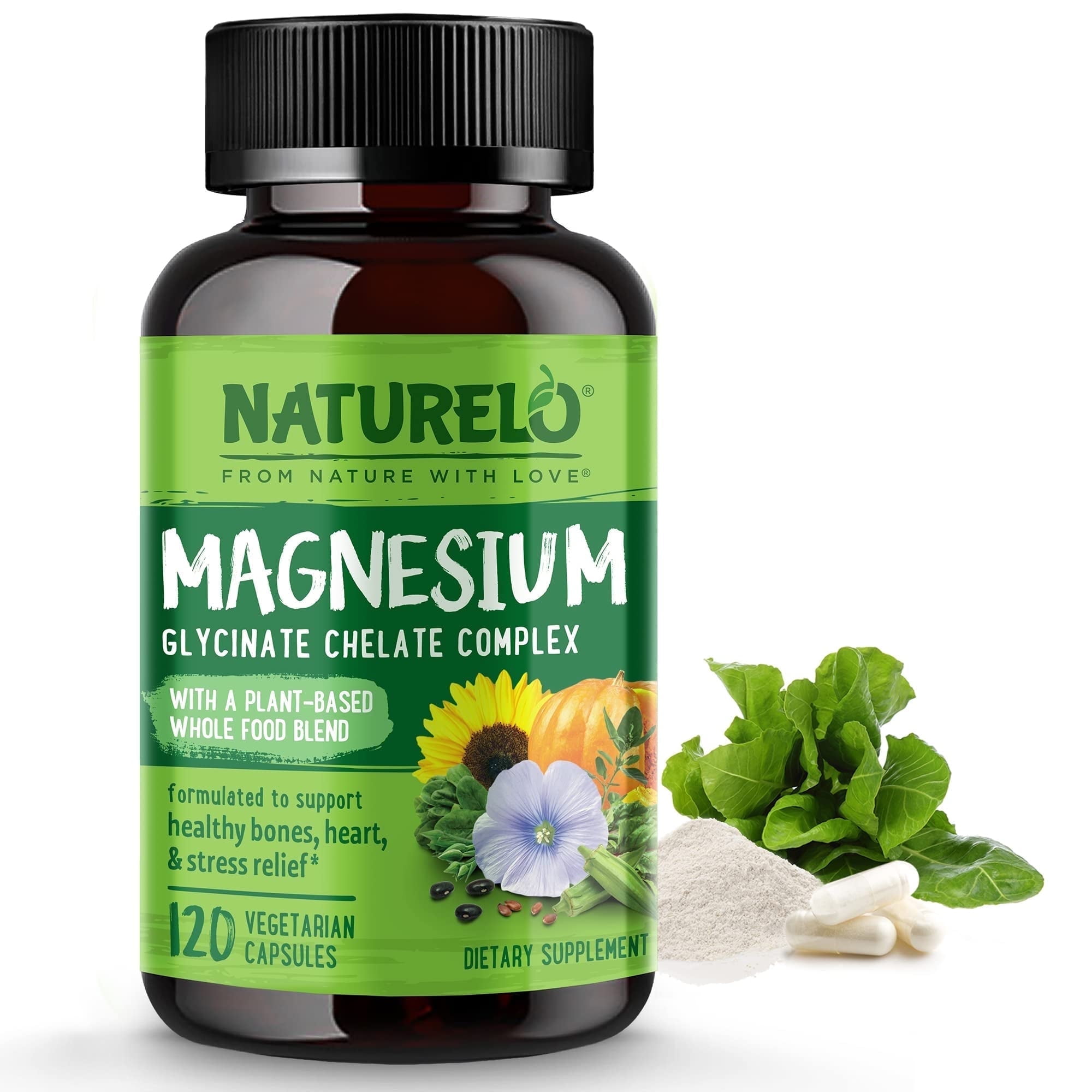 NATURELO Magnesium Glycinate Chelate Complex - 200 mg Magnesium with Organic Vegetables to Support Sleep, Calm, Muscle Cramp & Stress Relief - Gluten Free, Non GMO - 120 Capsules