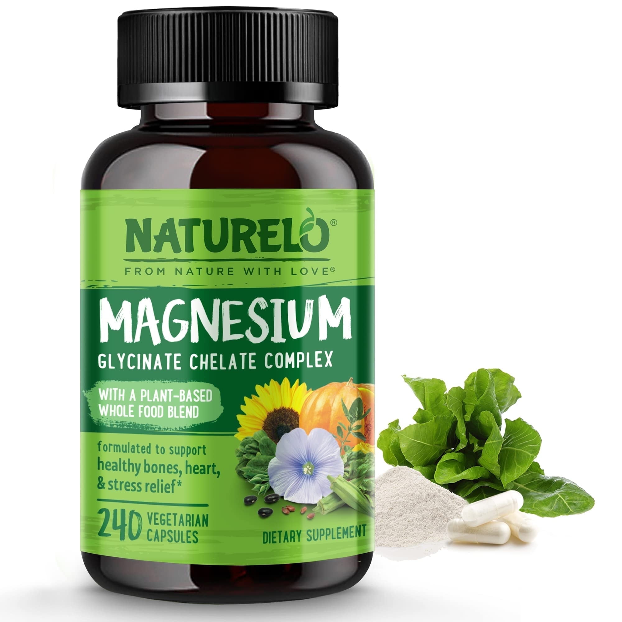 NATURELO Magnesium Glycinate Chelate Complex - 200 mg Magnesium with Organic Vegetables to Support Sleep, Calm, Muscle Cramp & Stress Relief - Gluten Free, Non GMO - 240 Capsules