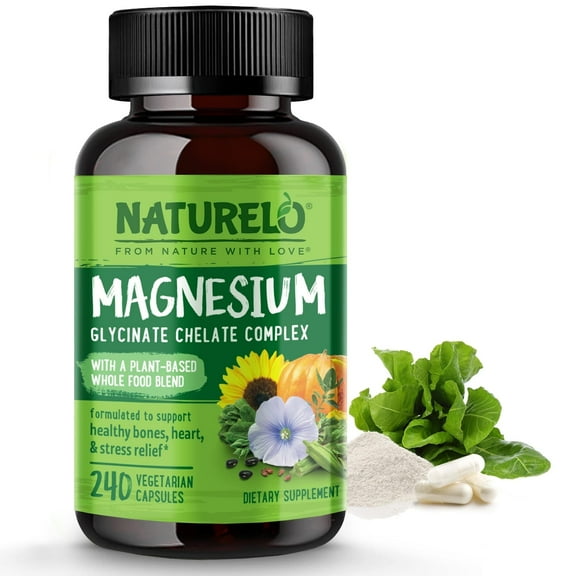 NATURELO Magnesium Glycinate Chelate Complex - 200 mg Magnesium with Organic Vegetables to Support Sleep, Calm, Muscle Cramp & Stress Relief - Gluten Free, Non GMO - 240 Capsules
