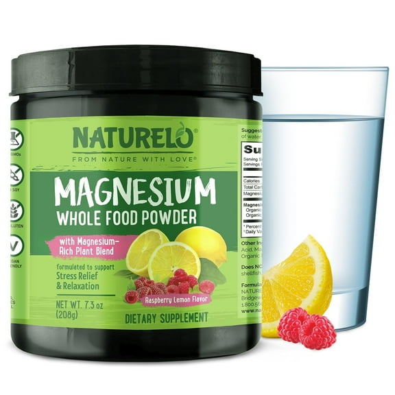 NATURELO Magnesium Powder - Whole Food Calm Magnesium Powder with Quinoa, Cauliflower, & Flaxseed for Stress Relief, Raspberry Lemon 40 servings, 7oz