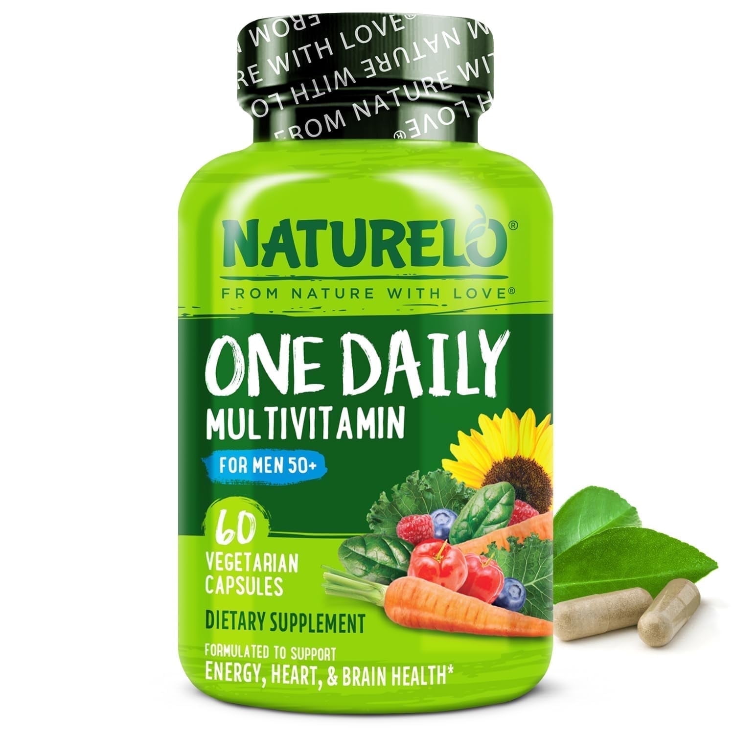 NATURELO Mens Multivitamins for Men 50+ - One Daily Multivitamin for Men with Vitamins, Minerals & Organic Whole Foods, Boost Energy & Health, Non-GMO, 60 Vegetarian Capsules
