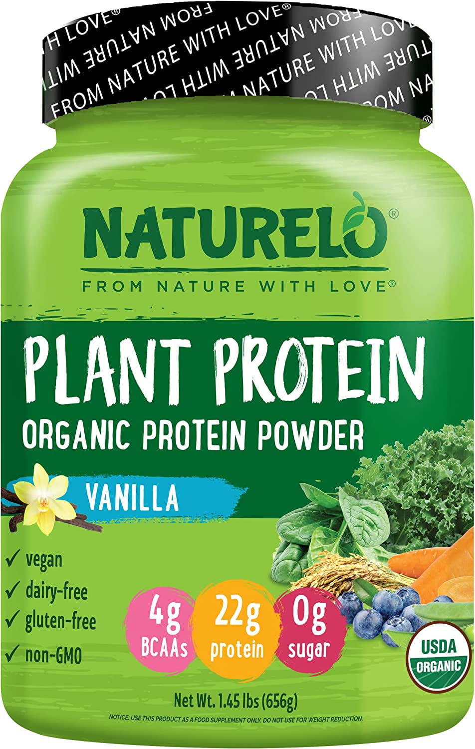 NATURELO Plant Protein Powder, Vanilla, 22g Protein - Vegan - 20 Servings