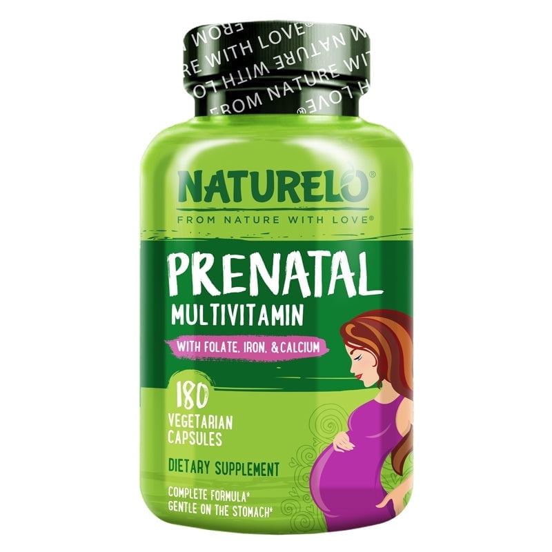 NATURELO Prenatal Multivitamin with Gentle Chelated Iron, Methyl Folate, Plant Calcium & Choline - Vegan, Vegetarian - Non-GMO - Gluten Free - 180 Capsules - 2 Month Supply