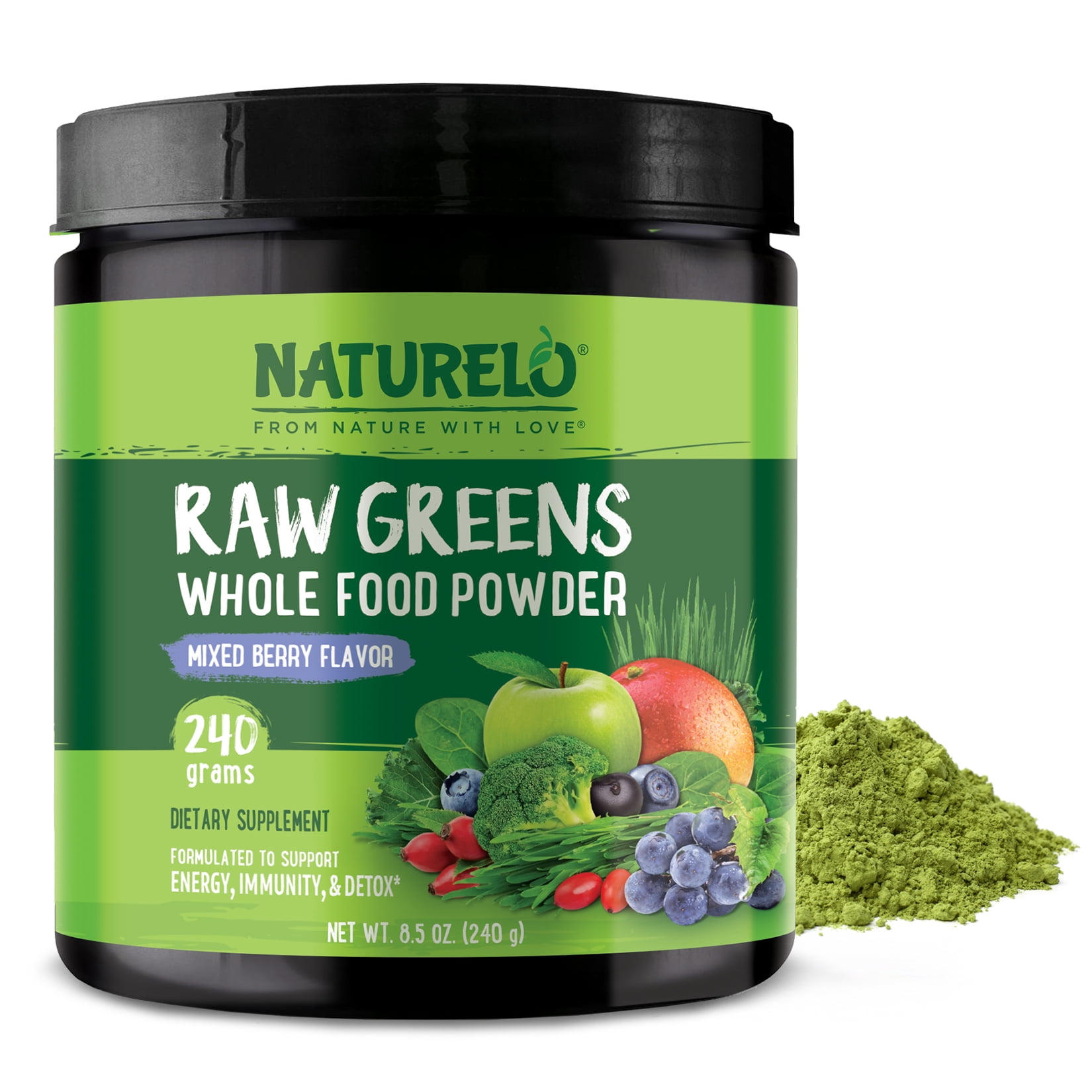NATURELO Raw Greens Superfood Powder - Mixed Berry - Boost Energy, Detox, Enhance Health - Organic Spirulina - Wheat Grass - Whole Food Nutrition from Fruits and Vegetables - 240 Grams