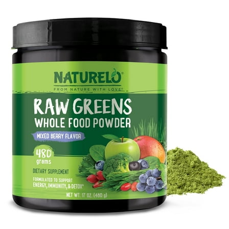 NATURELO Raw Greens Superfood Powder - Mixed Berry - Boost Energy, Detox, Enhance Health - Organic Spirulina - Wheat Grass - Whole Food Nutrition from Fruits & Vegetables - 480 Grams