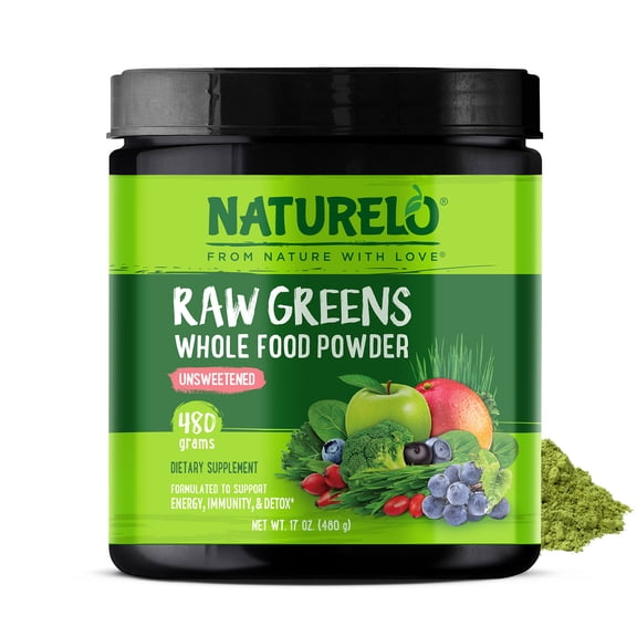 NATURELO Raw Greens Superfood Powder - Unsweetened - Boost Energy, Detox, Enhance Health - Organic Spirulina - Wheat Grass - Whole Food Nutrition from Fruits & Vegetables - 480 Grams