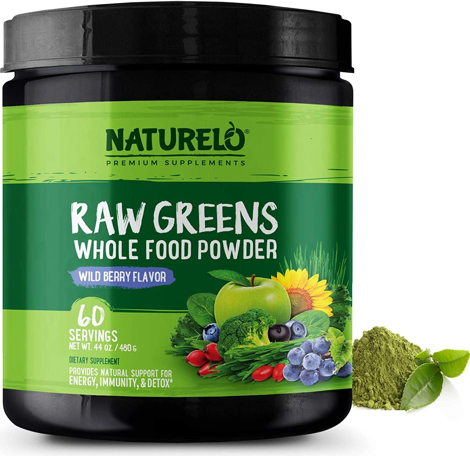 NATURELO Raw Greens Superfood Powder - Mixed Berry Flavor - Boost Energy, Detox, Enhance Health - Organic Spirulina - Wheat Grass - Whole Food Nutrition from Fruits & Vegetables - 480 Grams