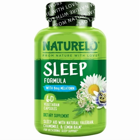 NATURELO Sleep Aid - with Melatonin, Magnesium, GABA, Valerian Root, Lemon Balm, Chamomile Herbal Extracts - Plant-Based Sleeping Aid - 60 Vegan Capsules
