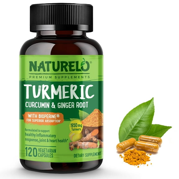 NATURELO Turmeric Curcumin - BioPerine for Better Absorption - Black Pepper, Ginger Root, Curcuminoids - Plant-based Joint Discomfort Support  - 120 Vegan Capsules