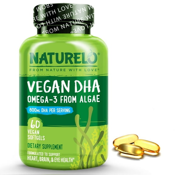 NATURELO Vegan DHA - Omega 3 Oil from Algae - Supplement for Brain, Heart, Joint, Eye Health - Provides Essential Fatty Acids for Women, Men and Kids - Complements Prenatal Vitamins - 60 Softgels