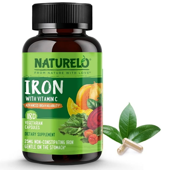 NATURELO Vegan Iron Supplement with Vitamin C and Organic Whole Foods - Gentle Iron Pills for Women & Men with Iron Deficiency Including Pregnancy, Anemia and Vegan Diets - 180 Mini Capsules