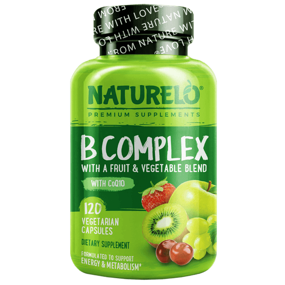 NATURELO Vitamin B Complex with Methyl B12, Methyl Folate, Vitamin B6, Biotin Plus Choline, CoQ10, and Fruit & Vegetable Blend - Supports Energy & Healthy Stress Response - Vegan - 120 Capsules