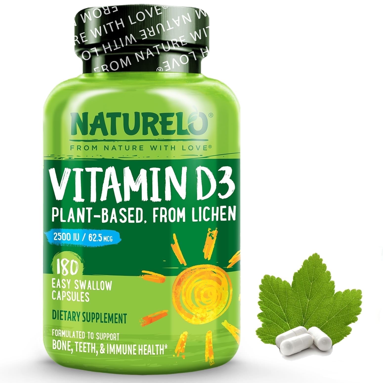 NATURELO Vitamin D - 2500 IU - Plant Based from Lichen - Natural D3 Supplement for Immune System, Bone Support, Joint Health - Vegan - Non-GMO - Gluten Free - 180 Capsules