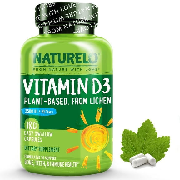 NATURELO Vitamin D - 2500 IU - Plant Based from Lichen - Natural D3 Supplement for Immune System, Bone Support, Joint Health - Vegan - Non-GMO - Gluten Free - 180 Capsules