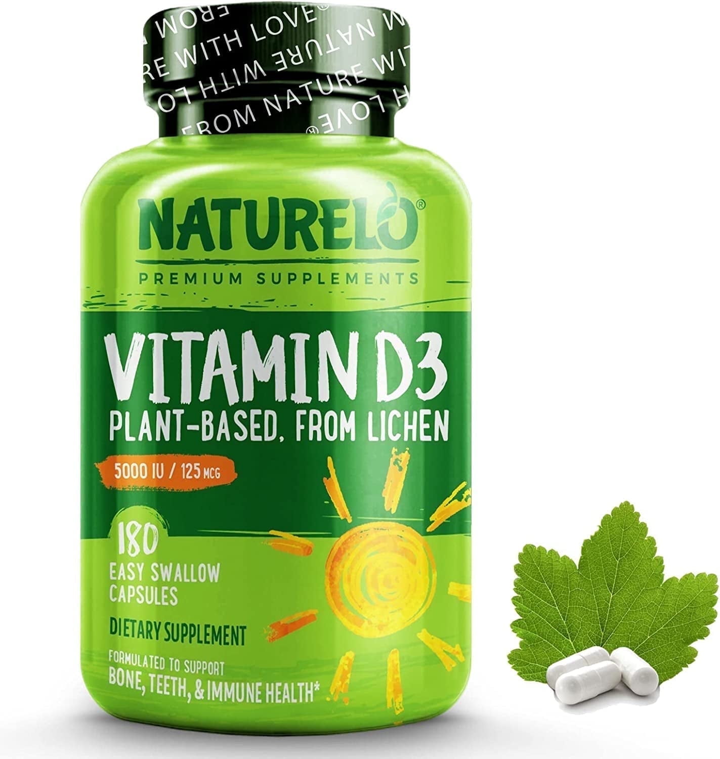 NATURELO Vitamin D - 5000 IU - Plant Based from Lichen - Natural D3 Supplement for Immune System, Bone Support, Joint Health - High Potency - Vegan - Non-GMO - Gluten Free - 180 Capsules