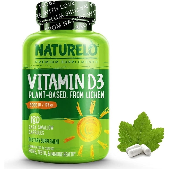 NATURELO Vitamin D - 5000 IU - Plant Based from Lichen - Natural D3 Supplement for Immune System, Bone Support, Joint Health - High Potency - Vegan - Non-GMO - Gluten Free - 180 Capsules