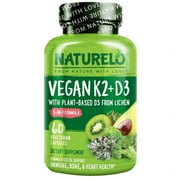 NATURELO Vitamin D3 K2 - Vegan K2+D3 with Plant Based D3 from Lichen - Natural D3 Supplement for Immune System, Bone Support, Heart Health - Whole Food - Non-GMO - Gluten Free, 60 Capsules