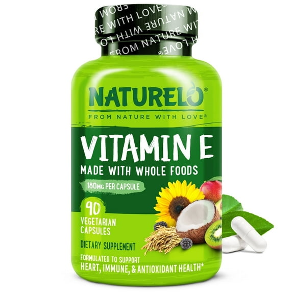 NATURELO Vitamin E - 180 mg (300 IU) of Natural Mixed Tocopherols from Organic Whole Foods - Supplement for Healthy Skin, Hair, Nails, Immune & Eye Health - Non-GMO, Soy free - 90 Vegan Capsules