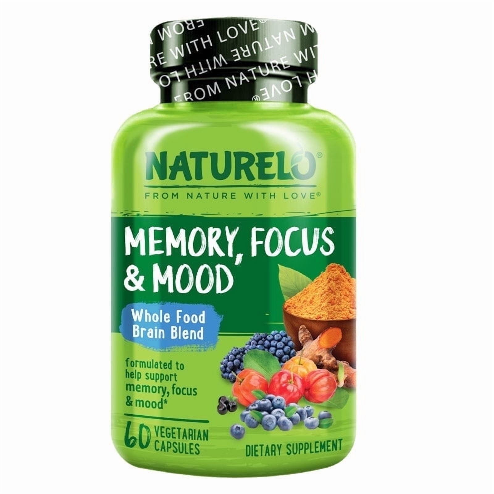 NATURELO Whole Food Brain Supplement - Brain Health Supplements for Memory & Focus Support - Enhance Brain Health Blend Supplement for Adults - 60 Vegetarian Capsules