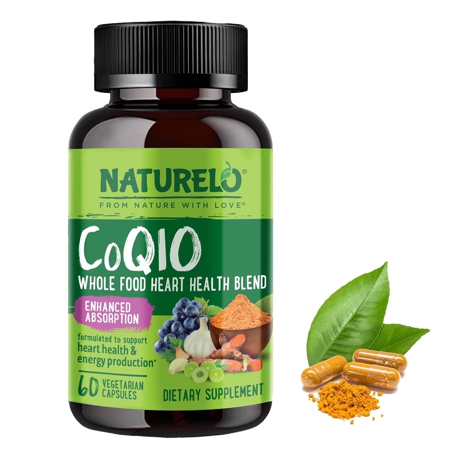 NATURELO Whole Food CoQ10 with Heart Health Blend, Powerful Antioxidant for Energy Production, 60 Capsules