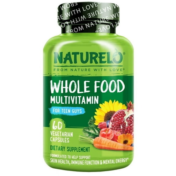 NATURELO Teen Multivitamin - Whole Food Multivitamin for Teenage Boys - Minerals Supplement for Active Kids - with Plant Extracts - Non-GMO - Vegan & Vegetarian - 60 Capsules