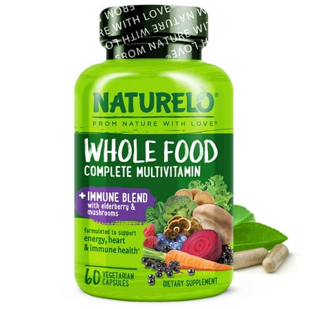 NATURELO Whole Food Multivitamin + Immune Blend with Elderberry & Mushrooms - Complete Multivitamin with Extra Immune Support - C, D3, Zinc, Elderberry, Reishi, Shitake - 60 Vegan Capsules