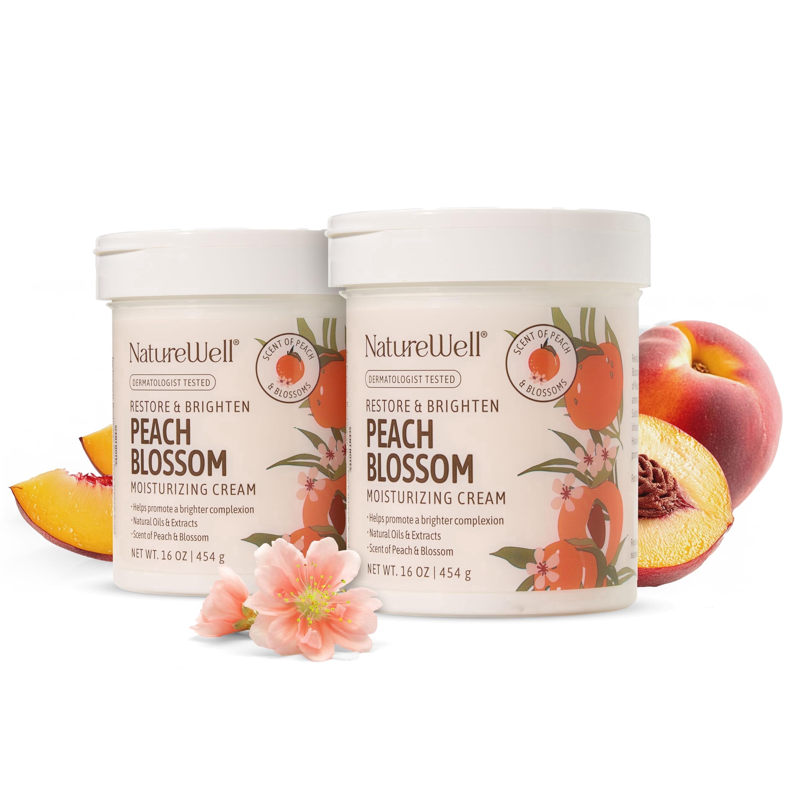NATUREWELL Peach Blossom Restore & Brighten Moisturizing Cream For Face & Body, Infused With Peach Extract, Niacinamide, & Hyaluronic Acid, Promotes A Brighter Complexion, Pack of 2 (16 Oz Each)