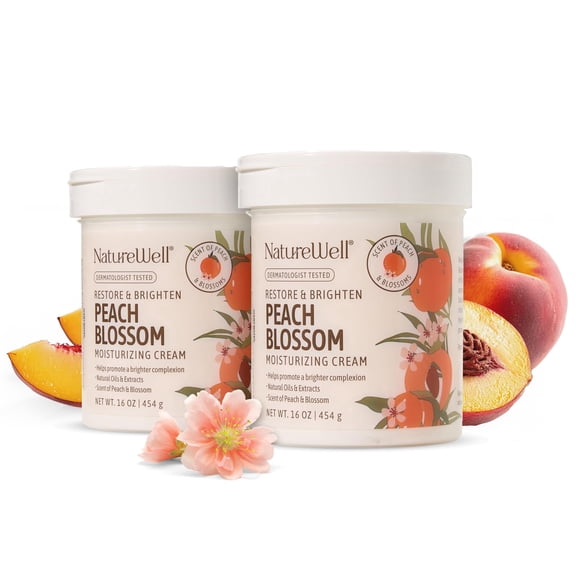 NATUREWELL Peach Blossom Restore & Brighten Moisturizing Cream For Face & Body, Infused With Peach Extract, Niacinamide, & Hyaluronic Acid, Promotes A Brighter Complexion, Pack of 2 (16 Oz Each)