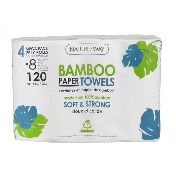 NATUREZWAY Bamboo Disposable Mega Towels, 2-Ply, 32 Mega Rolls, 120 Sheets per Roll