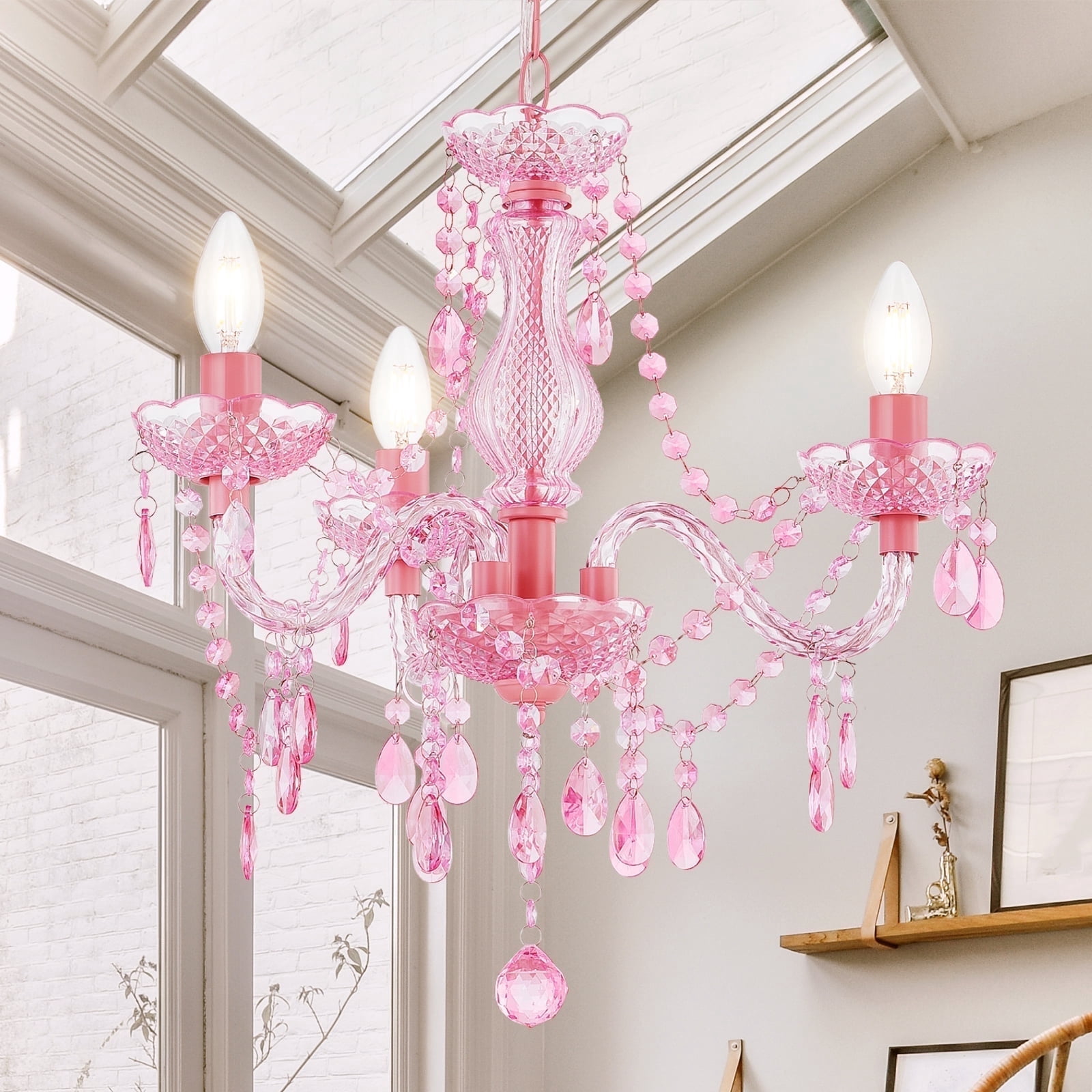 NATYSEAN Crystal Chandelier, 3-Light Modern K9 Crystal Chandelier for Dining Room, Pendant Ceiling Lighting Fixture for Bedroom, Living Room, Dining Room, Entryway, Pink