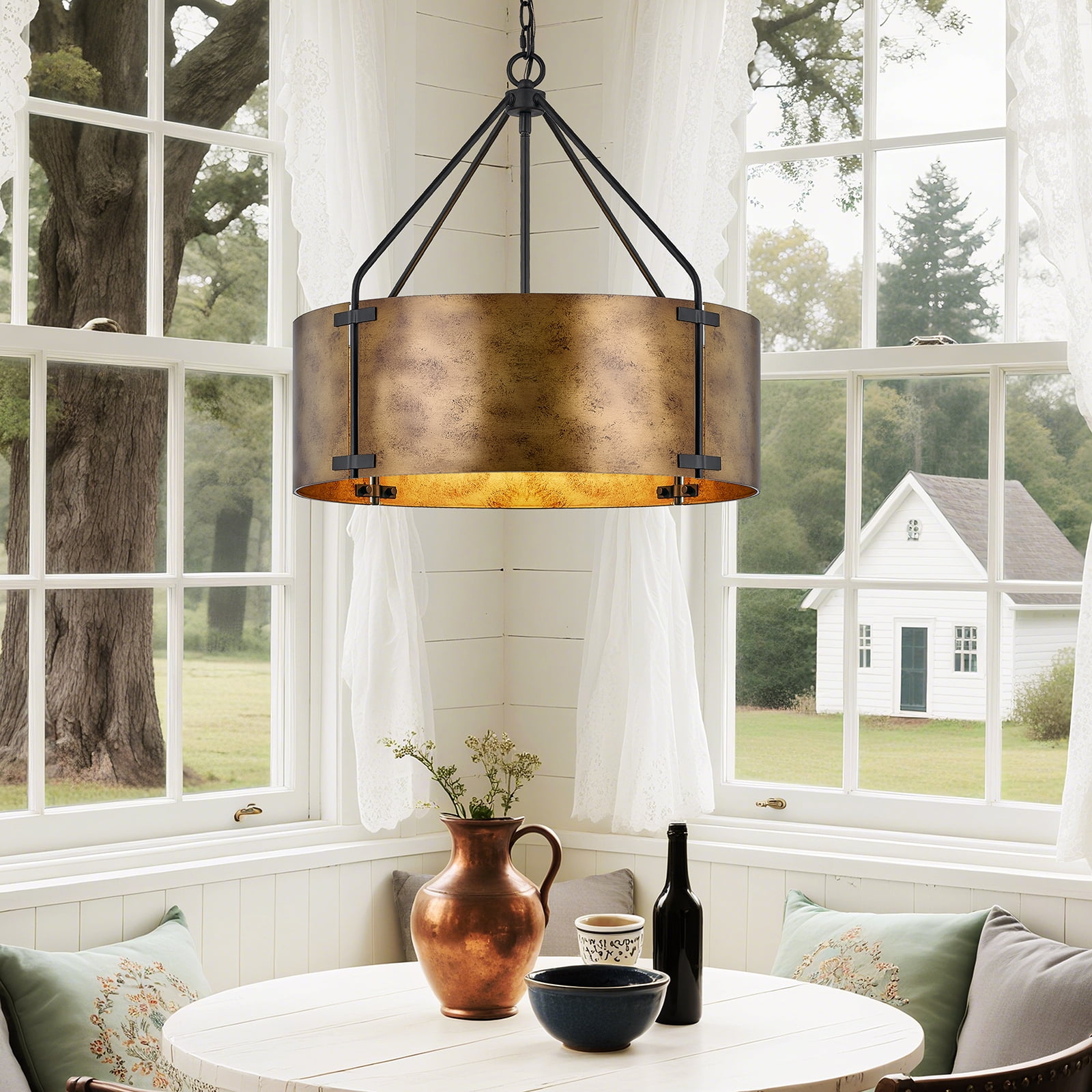 NATYSWAN 22 inch Industrial Cage Ceiling Light with 4 Lights (No Bulbs), E27 Base Max 100W Each, Dual USB-A & C Charging Ports, 60 inch Chain, for Kitchen, Dining Room, Farmhouse Indoor